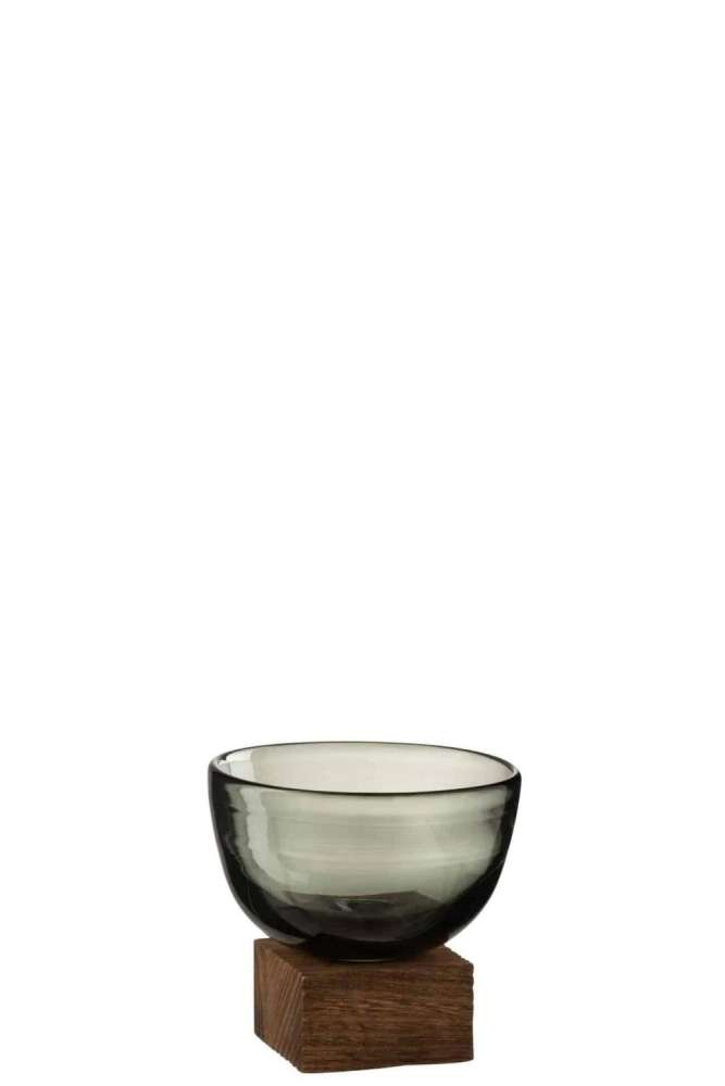 VASE ON FOOT WIDE GLASS/WOOD GREY/DARK BROWN SMALL