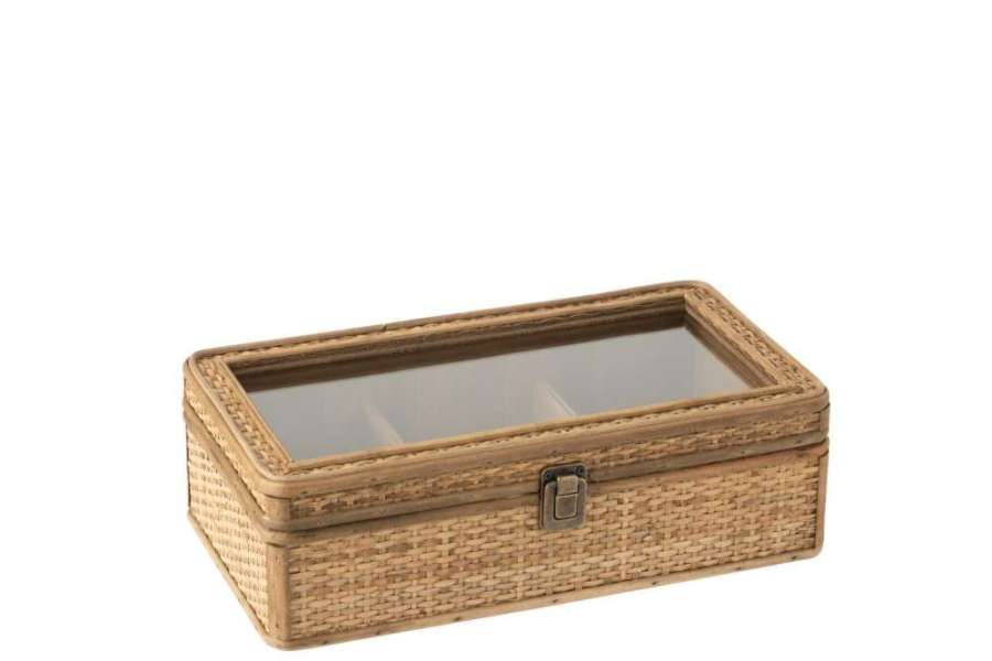 BOX RECTANGLE 6 COMPARTMENTS RATTAN/GLASS NATURAL