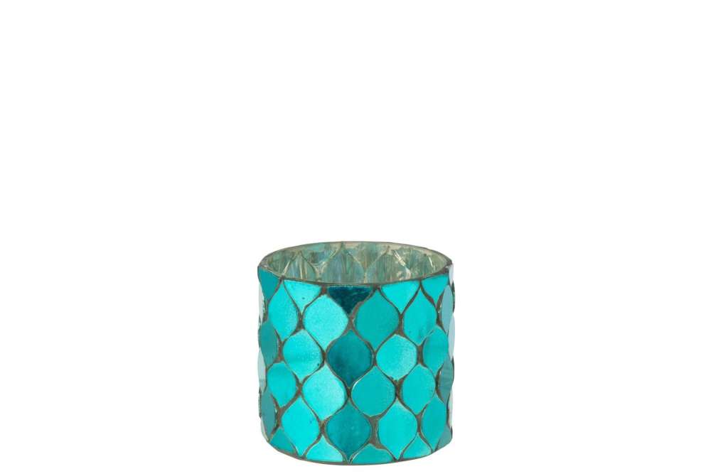 TEALIGHT HOLDER CYLINDER MOSAIC GLASS AZURE BLUE