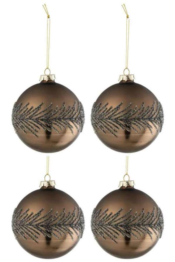 BOX OF 4 CHRISTMAS BAUBLES SUGAR GREY GLASS MATTE BROWN MEDIUM