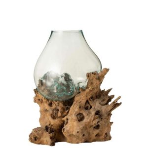 VASE XL ON FOOT GAMAL WOOD RECYCLED GLASS NATURAL TRANSPARENT