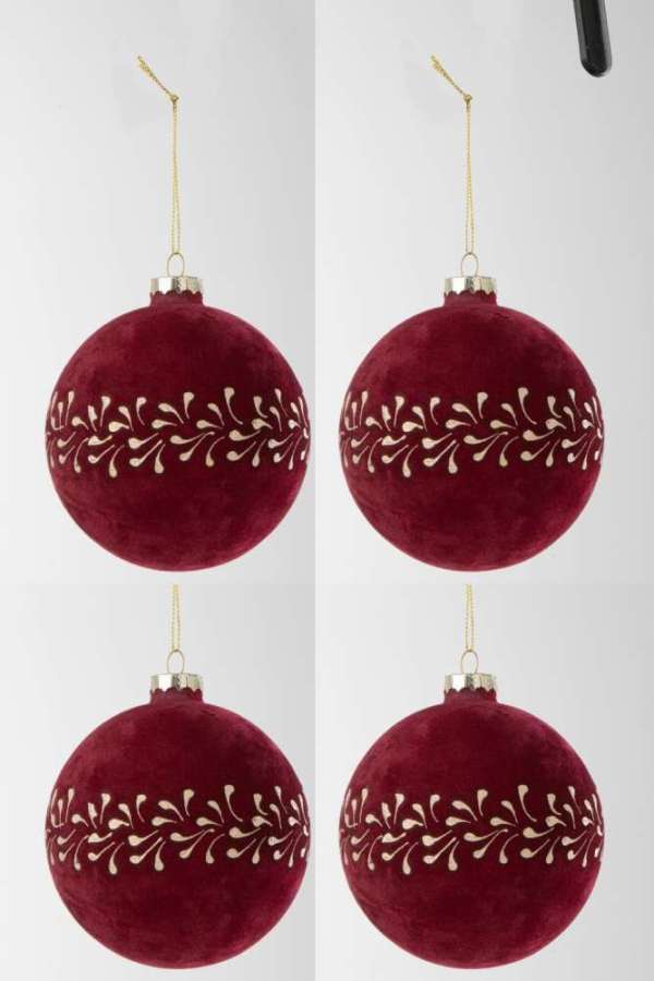 BOX OF 4 CHRISTMAS BAUBLE MOTIVE VELVET BORDEAUX/GOLD