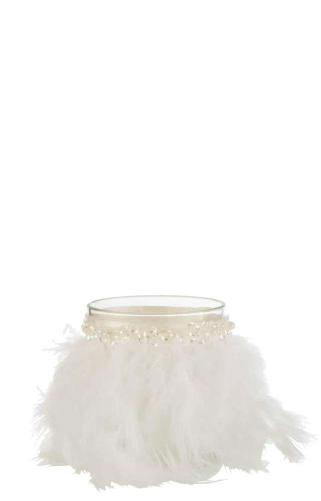 TEALIGHT HOLDER FEATHERS WHITE GLASS TRANSPARENT MEDIUM
