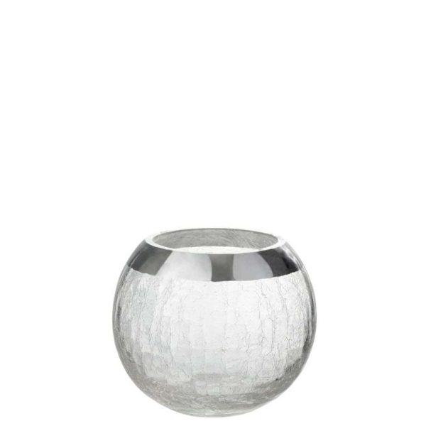 CANDLEHOLDER BALL CRACKLE GLASS TRANSPARENT/SILVER MEDIUM