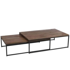 SET 2 COFFEE TABLES WOOD/METAL BROWN+BLACK