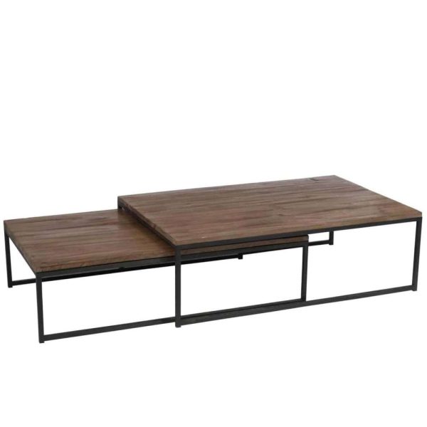 SET 2 COFFEE TABLES WOOD/METAL BROWN+BLACK