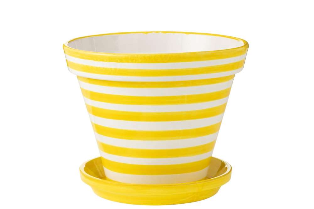 FLOWERPOT+PLATE GRANADA STRIPES HANDMADE/HANDPAINTED CERAMIC YELLOW/WHITE EXTRA LARGE
