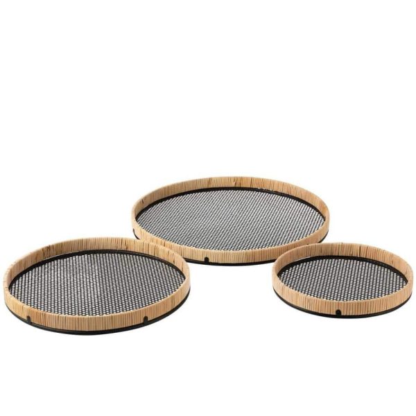 SET OF 3 TRAYS ROUND METAL/RATTAN BLACK/NATURAL