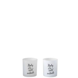 TEALIGHT HOLDER "BABY IT IS COLD OUTSIDE" GLASS WHITE/BLACK SMALL ASSORTMENT OF 2