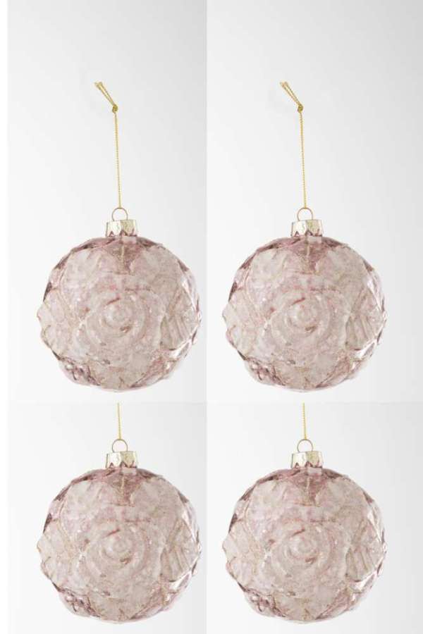 BOX OF 4 CHRISTMAS BAUBLE MOTIVE ROSE SEQUINS GLASS LIGHT PINK LARGE