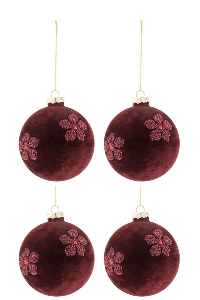 BOX OF 4 CHRISTMAS BAUBLES FLOWERS VELVET GLASS BURGUNDY MEDIUM