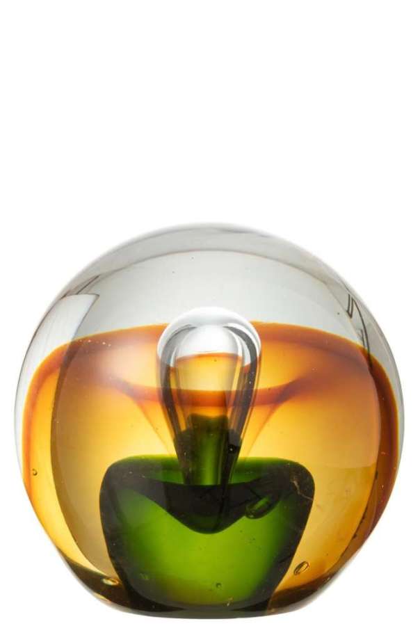 PAPERWEIGHT DROP GLASS AMBER/GREEN LARGE