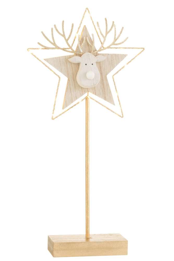 REINDEER/STAR ON FOOT+LED WOOD GOLD/WHITE LARGE