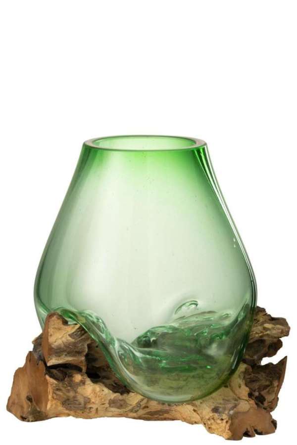 VASE ON FOOT GAMAL WOOD/RECYCLED GLASS NATURAL/GREEN LARGE