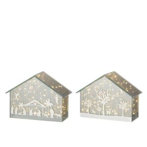 DECORATION LED HOUSE TREES+ANIMALS GLASS GOLD ASSORTMENT OF 2