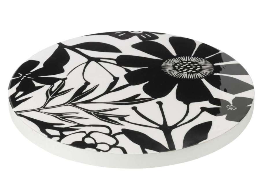 TRAY TURNING ROUND FLORAL PATTERN MANGO WOOD BLACK/WHITE