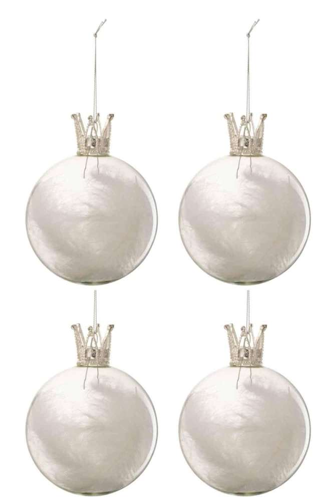 BOX OF 4 CHRISTMAS BAUBLES CROWN FEATHER WHITE GLASS CLEAR MEDIUM