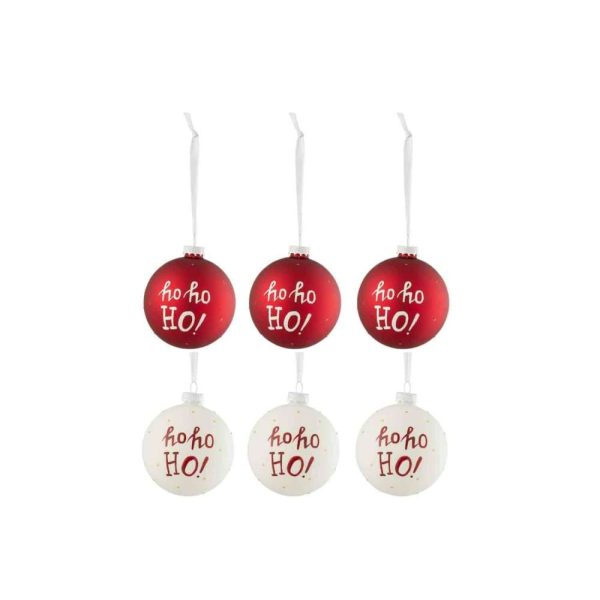 BOX OF 6 CHRISTMAS BAUBLES HOHOHO! GLASS WHITE/RED SMALL