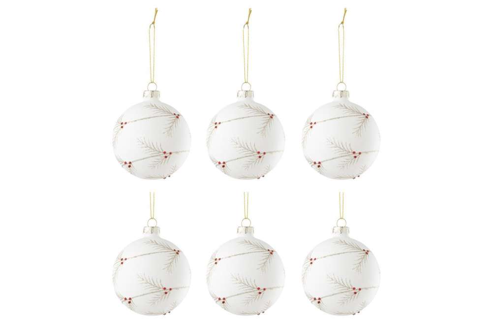 BOX OF 6 CHRISTMAS BAUBLE HOLLY GLASS WHITE/RED
