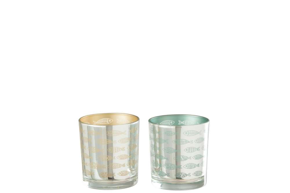TEALIGHT FISH GLASS BEIGE/BLUE ASSORTIMENT OF 2
