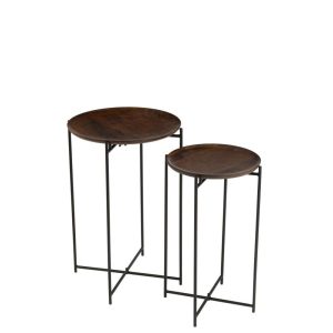 SET OF 2 SIDE TABLES ROUND IRON/MANGO WOOD BROWN/BLACK