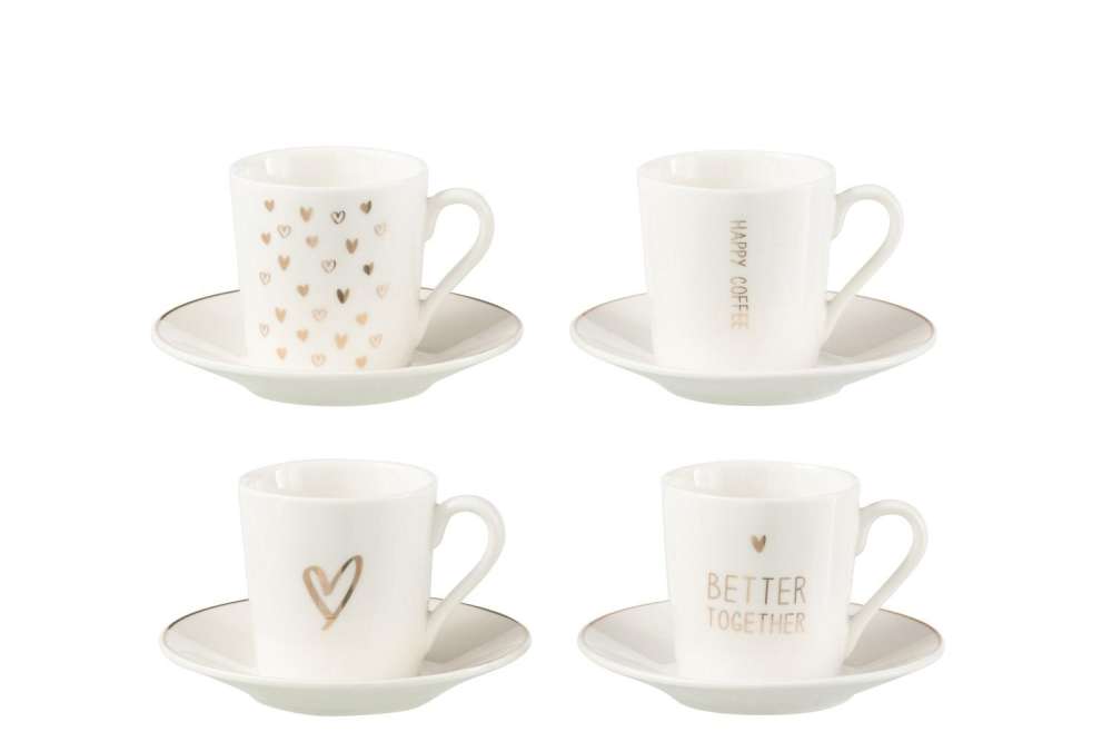 BOX OF 4 COFFEE CUP+SAUCER HEART WINDOWNBOX CERANMICS WHITE SMALL
