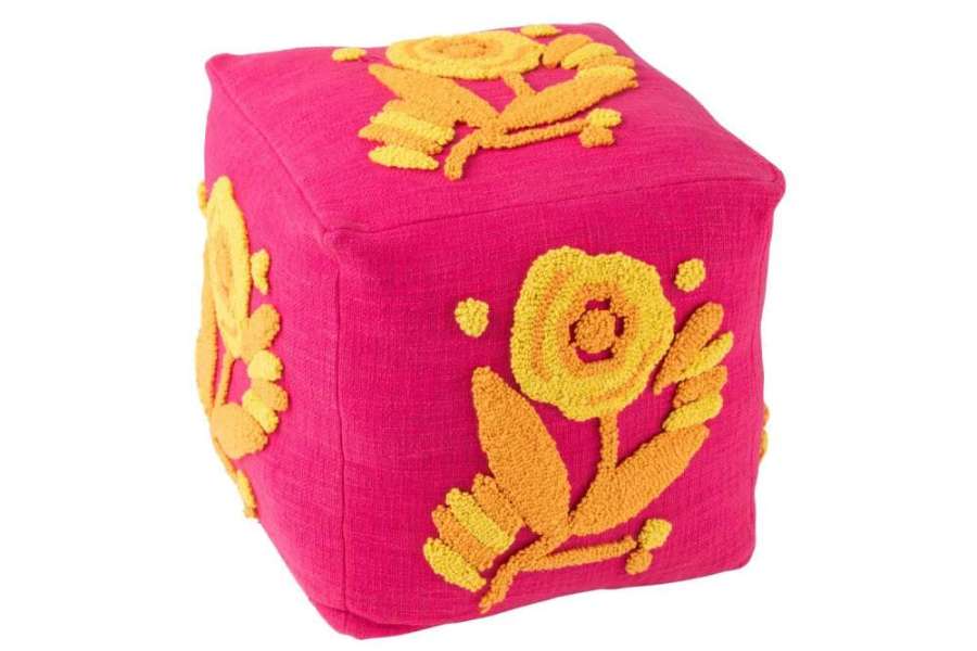 POUF SQUARE FLOWER COTTON PINK/ORANGE/YELLOW