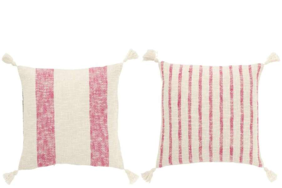 CUSHION SQUARE STRIPES+TASSELS COTTON WHITE/PINK ASSORTMENT OF 2