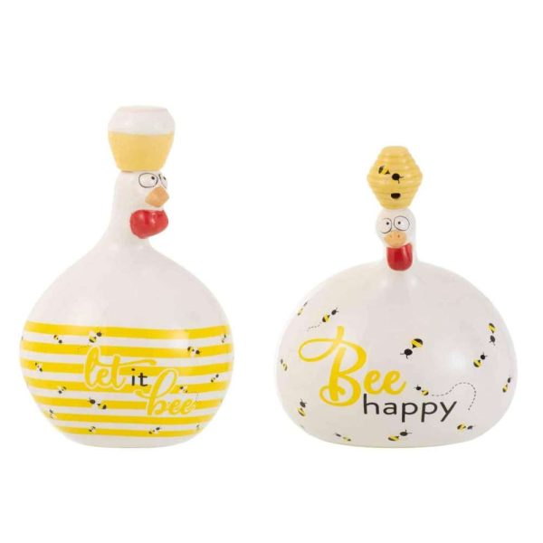 CHICKEN BEE HAPPY/HONEY CERAMIC WHITE/YELLOW LARGE ASSORTMENT OF 2