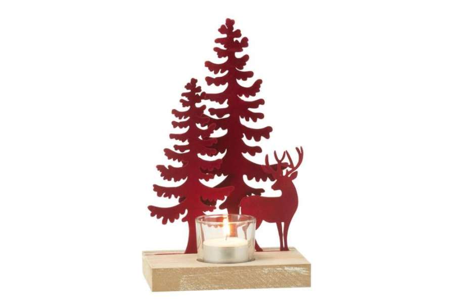 TEALIGHT HOLDER 1 PIECE REINDEER/TREES METAL/WOOD RED