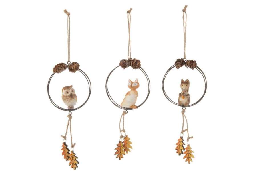 HANGER RING FOX/OWL/SQUIRREL METAL/WOOD BROWN/ORANGE ASSORTMENT OF 3