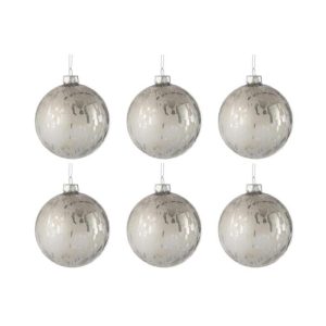 BOX OF 6 CHRISTMAS BAUBLE GLASS SHINING/MATTE ANTIQUE SILVER SMALL