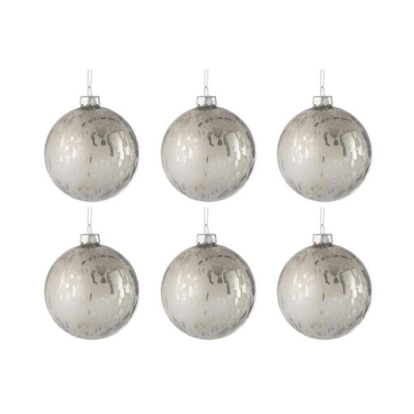 BOX OF 6 CHRISTMAS BAUBLE GLASS SHINING/MATTE ANTIQUE SILVER SMALL
