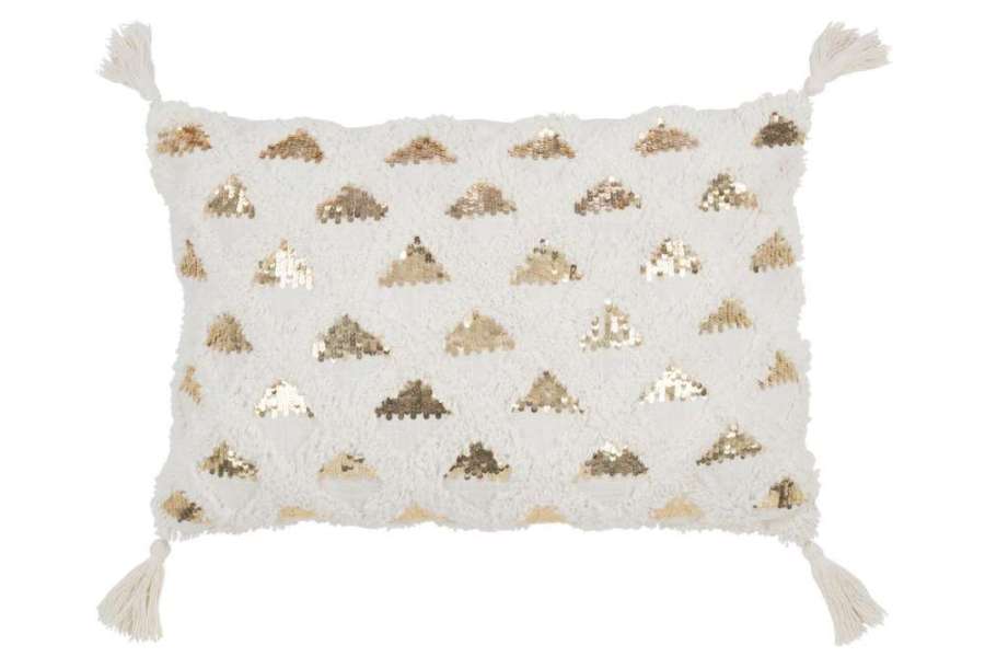 CUSHION TUFTED TASSELS COTTON/SEQUIN WHITE/GOLD