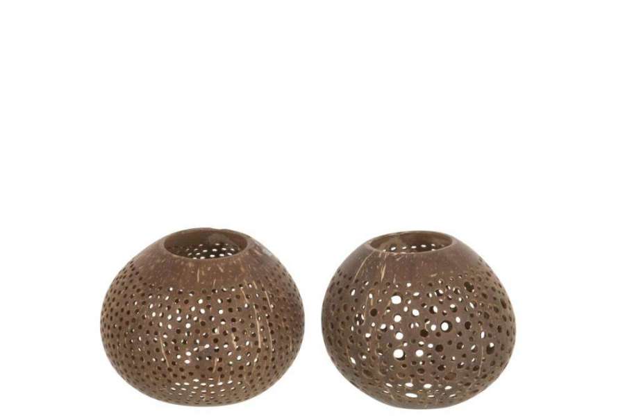 TEALIGHT HOLDER COCONUT HOLES BROWN ASSORTMENT OF 2