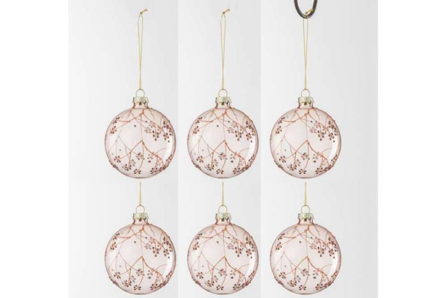 BOX OF 6 CHRISTMAS BAUBLE BRANCHES GLASS LIGHT PINK SMALL