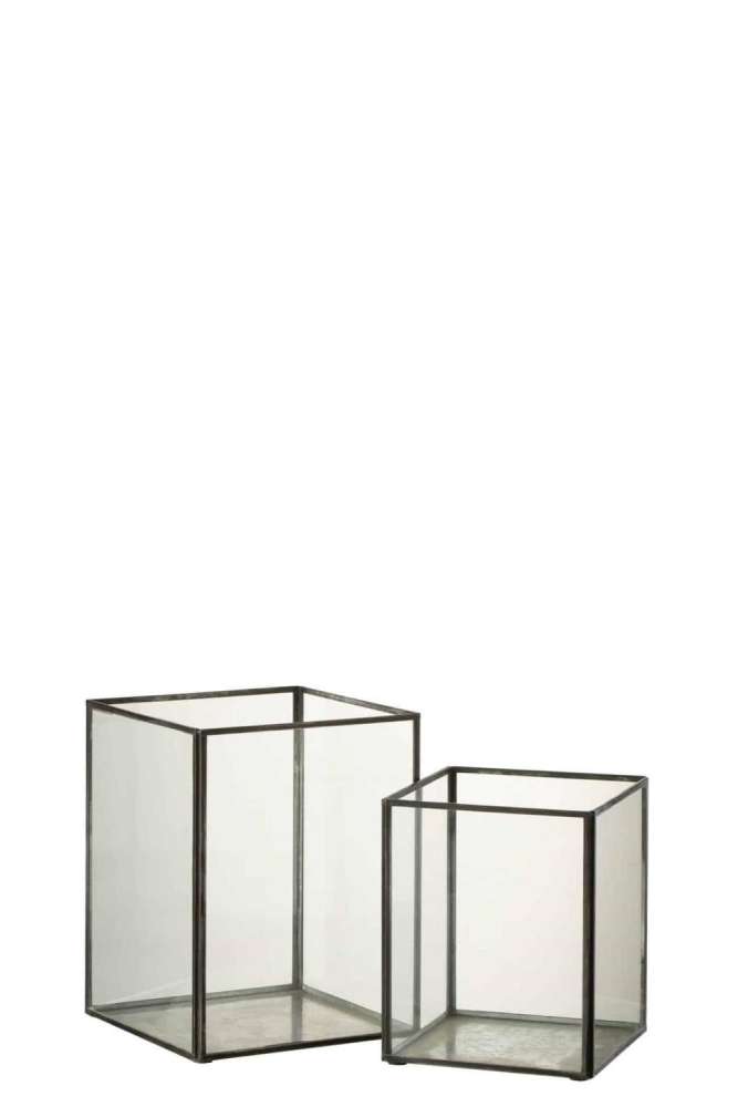 SET OF 2 CANDLEHOLDER SQUARE GLASS/METAL BLACK