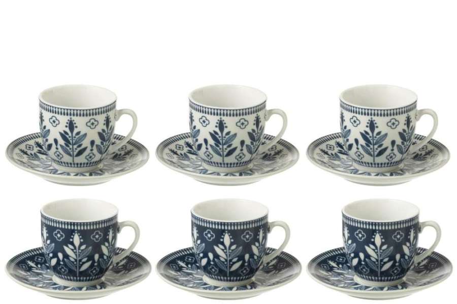 BOX OF 6 COFFEE CUP+SAUCER LEAVES CERAMICS DARK BLUE