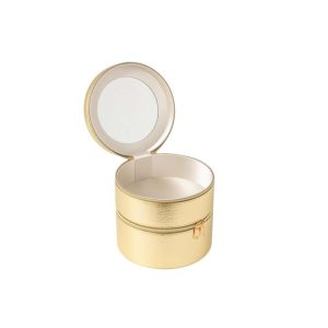 COSMETIC BOX ROUND+MIRROR ARTIFICIAL LEATHER GOLD