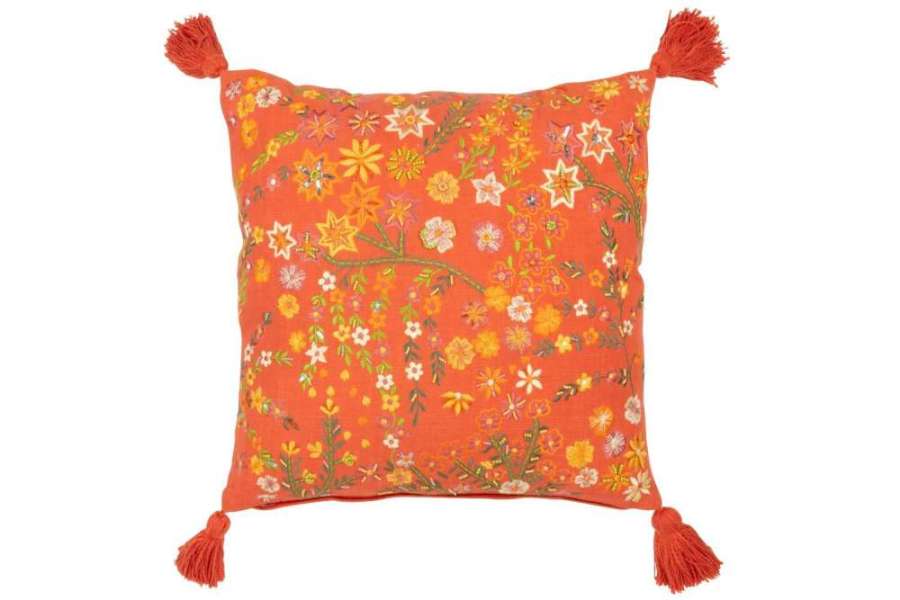 CUSHION SQUARE FLOWERS+TASSELS COTTON ORANGE