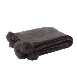 PLAID POMPOM POLYESTER DARK TAUPE