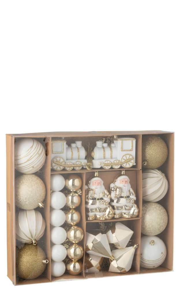 BOX OF 55 CHRISTMAS BAUBLE PLASTIC GOLD COLORED/WHITE