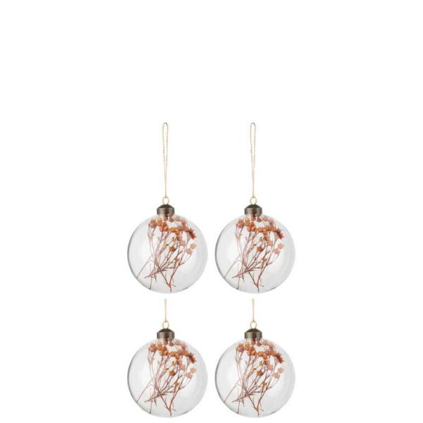BOX OF 4 CHRISTMAS BAUBLES DRIED FLOWERS RUST GLASS TRANSPARENT MEDIUM