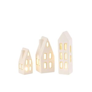 SET OF 3 HOUSES LED PORCELAIN WHITE/GOLD