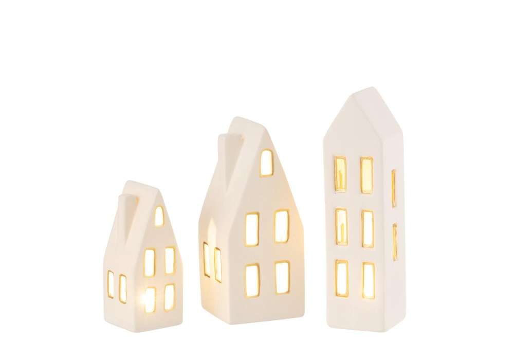 SET OF 3 HOUSES LED PORCELAIN WHITE/GOLD