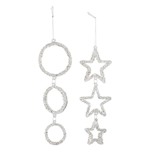 HANGER CIRCLE/STAR GLASS GLITTER SILVER ASSORTMENT OF 2