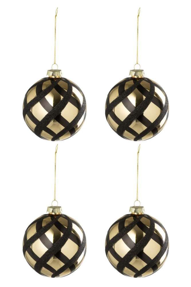 BOX OF 4 CHRISTMAS BAUBLE CHECKERED GLASS GOLD COLORED/BLACK