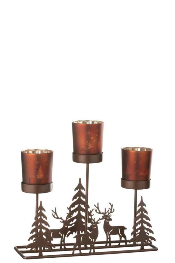 TEALIGHT HOLDER WINTER 3 GLASSES IRON RUST BROWN/BROWN