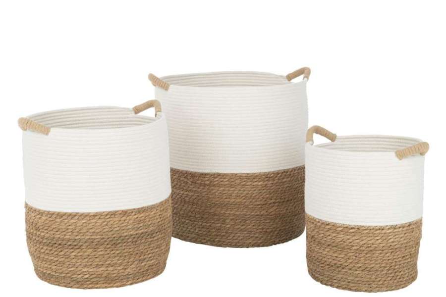 SET OF 3 BASKET ROUND HANDLES TEXTILE WHITE/NATURAL