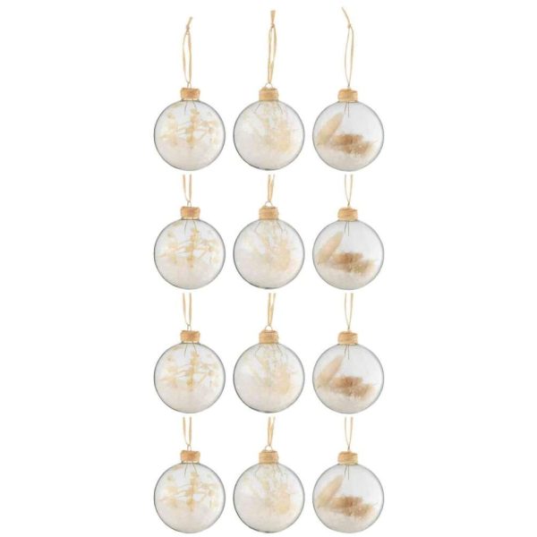 BOX OF 12 CHRISTMAS BAUBLES 4+4+4 DRIED BRANCHES BEIGE GLASS TRANSPARENT
